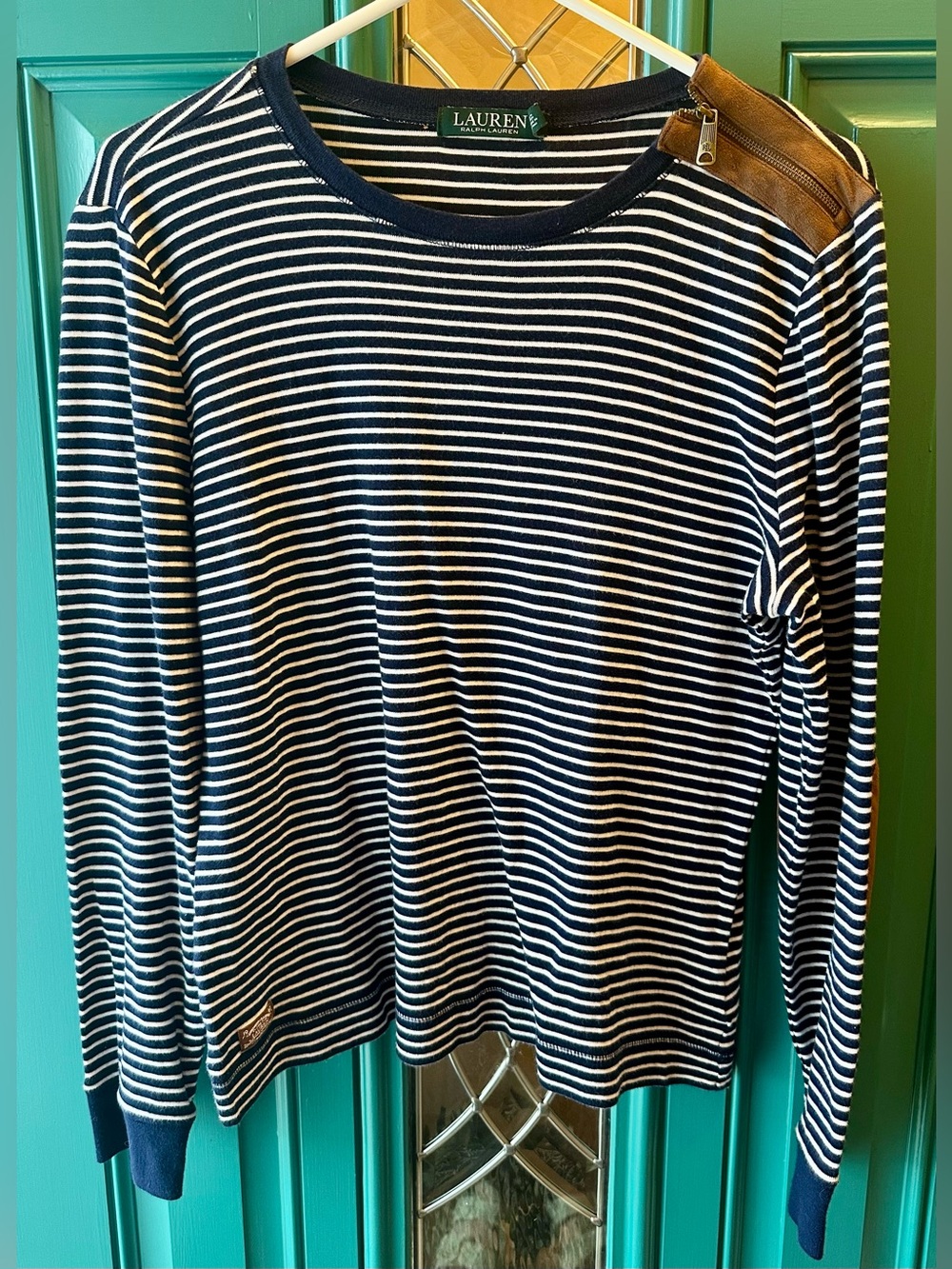 Lauren Ralph Lauren Navy White Stripe Leather Shoulder Zip Elbow Patch Top XL
